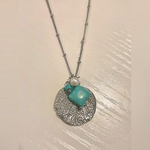 Lia Sophia Retired Necklace Silver leaf with Turquoise/Pearl Accent